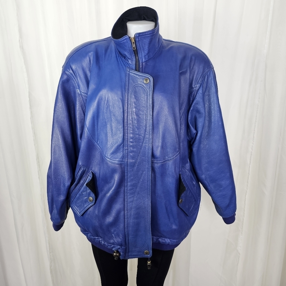 Vintage La Nouvelle Renaissance Playful Oversized Blue Leather Jacket  Large - Picture 5 of 14